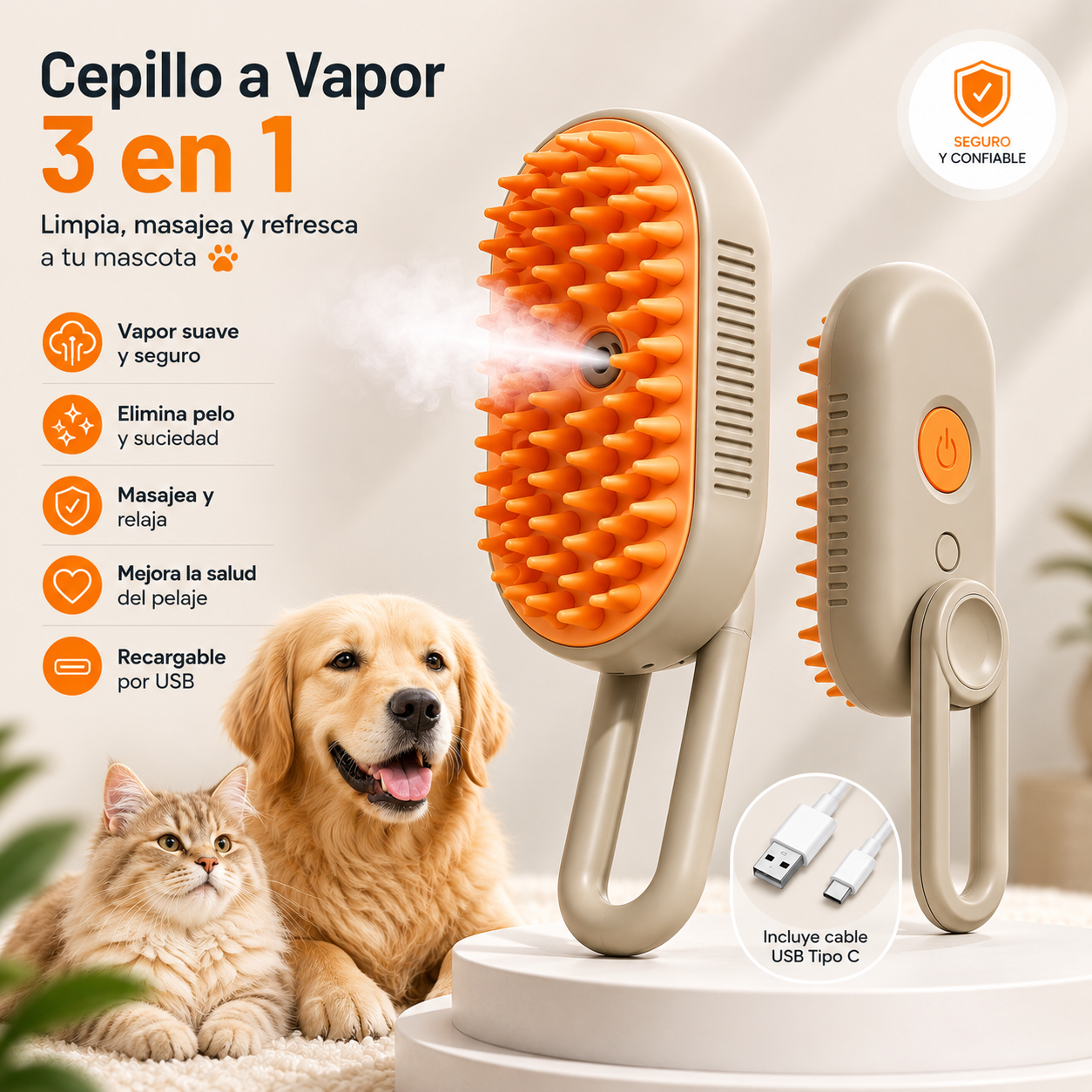 CEPILLO A VAPOR PARA MASCOTAS 3 EN 1